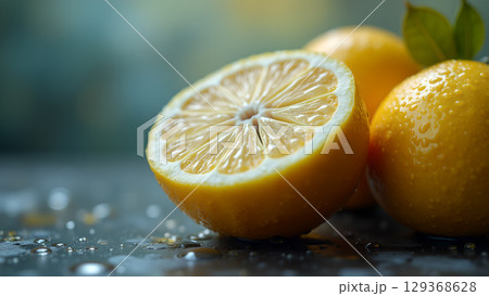 Fresh lemons with water droplets showcase the vibrant zest and juicy goodness of citrus fruits Fresh lemons with water droplets showcase the vibrant zest and juicy goodness of citrus fruits 129368628