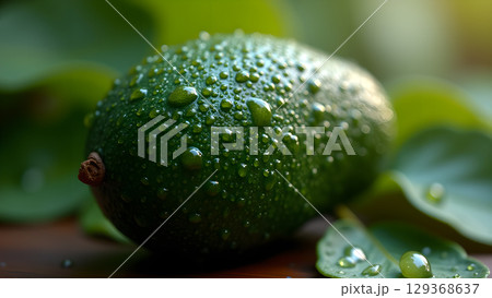 Fresh vibrant green avocado with glistening water droplets a natural beauty and healthy lifestyle concept 129368637