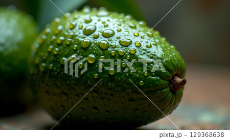 Close up shot of a fresh avocado with water droplets capturing its natural beauty for healthy eating 129368638
