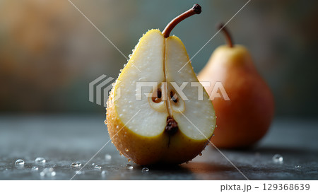 Fresh halved pear with water droplets showcases vibrant colors and natural beauty, offering a refreshing and healthy visual 129368639