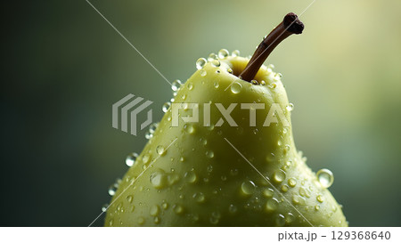 Close-up fresh green pear with glistening water drops symbolizing natural purity and healthy eating habits for nutritious food 129368640