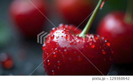 Close up shot of fresh ripe cherries with water droplets presenting natural coolness and refreshment 129368642