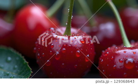 Fresh red cherries adorned with water droplets showcasing natural beauty and delicious healthy indulgence with freshness 129368643