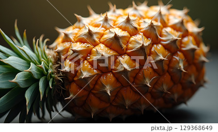 Close up of a fresh and juicy pineapple showing textures and skin details with leaves Close up of a fresh and juicy pineapple showing textures and skin details with leaves 129368649