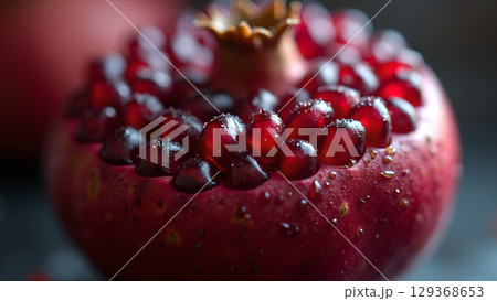 Delicious ruby red pomegranate fruit with juicy seeds offering healthy nutrition benefits and antioxidants 129368653