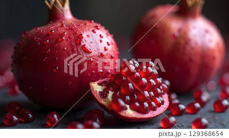Fresh pomegranate fruit still life display with vibrant red seeds and water droplets detail 129368654