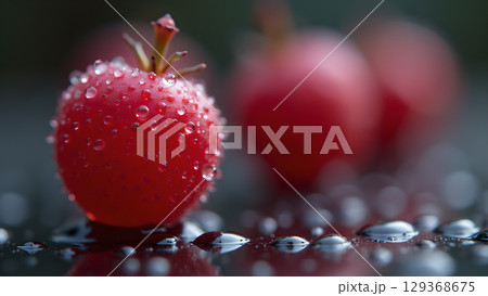Macro shot showcasing vibrant red berries adorned with water droplets reflecting on dark surface 129368675