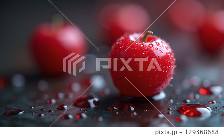 Captivating close-up of glistening red apples with water droplets creating a fresh and vibrant scene and appearance 129368688