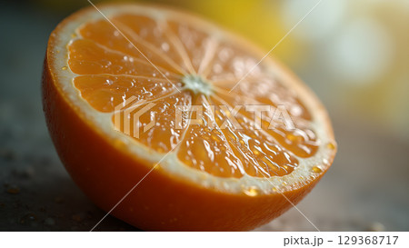 Half of a fresh juicy orange glistening with droplets of water in the morning light 129368717