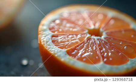 Close up shot of half an orange with water droplets showcasing freshness and detail focus 129368718