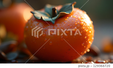 Freshly harvested persimmon adorned with glistening droplets capturing the essence of autumnal bounty and deliciousness 129368720