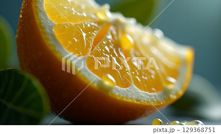 Captivating close-up of a juicy orange slice showcasing its vibrant color and refreshing appeal enhanced by a background Captivating close-up of a juicy orange slice showcasing its vibrant color and refreshing appeal enhanced by a background 129368751