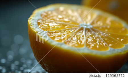 Vibrant half of lemon with glistening droplets showcasing freshness and natural citrus beauty against blurred background 129368752