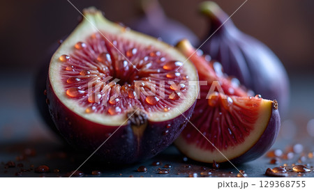 Ripe figs glistening with droplets of moisture create an appealing still life that highlights nature's bounty 129368755
