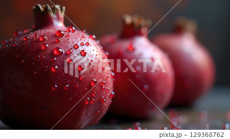 Close-up view of pomegranate fruits adorned with water droplets showcases freshness and vibrant color 129368762