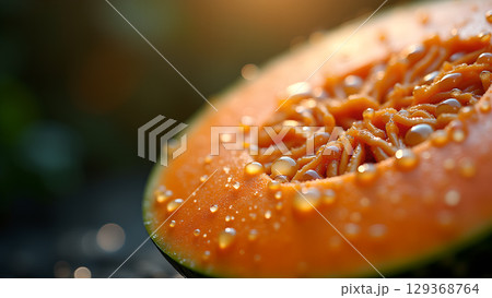Fresh cantaloupe half with glistening droplets, a symbol of summer and healthy eating delight 129368764