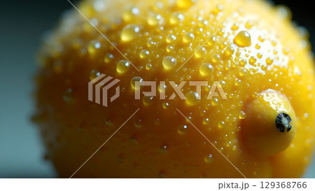Close-up fresh lemon fruit with water droplets exhibiting vibrant yellow color and texture detail, perfect for backgrounds 129368766
