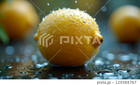 Fresh lemons with water droplets reflecting light a beautiful image showcasing natural freshness Fresh lemons with water droplets reflecting light a beautiful image showcasing natural freshness 129368767