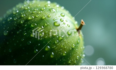 Close up of a fresh green apple with water droplets glistening in the sunlight, natural beauty 129368780