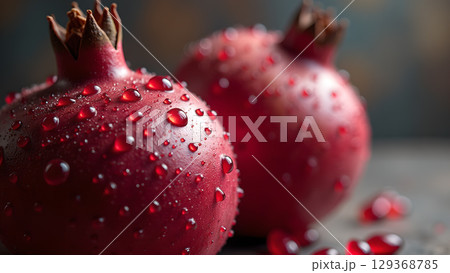 Two vibrant pomegranates glistening with fresh water droplets resting on a textured surface creating an inviting composition 129368785