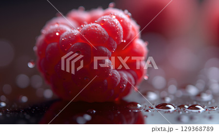 Close-up raspberry with water droplets showcasing freshness and visual appeal for food photography lovers perfect for advertising Close-up raspberry with water droplets showcasing freshness and visual appeal for food photography lovers perfect for advertising 129368789