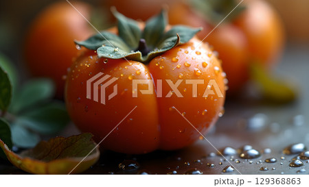 Close up shot of fresh persimmon with water droplets showcases nature's beauty and vibrant colors Close up shot of fresh persimmon with water droplets showcases nature's beauty and vibrant colors 129368863