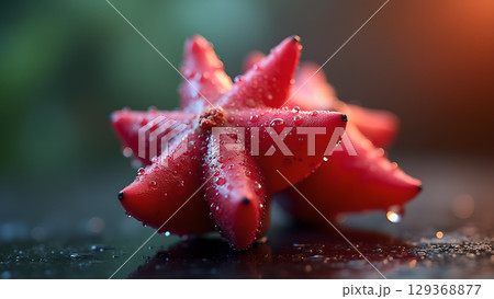 Artistic red barberry berries displaying water droplets reflecting soft light creating an captivating nature macro 129368877