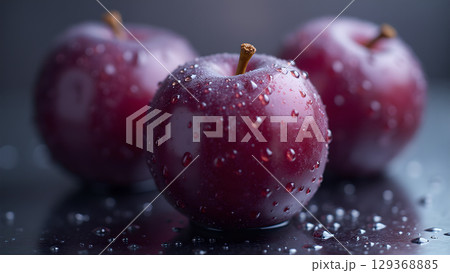 Freshly harvested red apples glistening with water droplets for a healthy lifestyle and diet 129368885