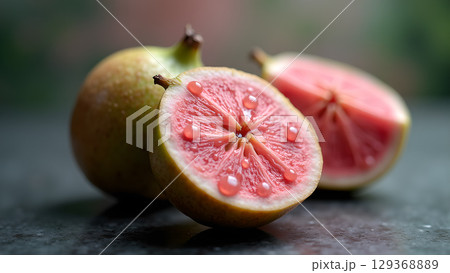 Fresh pink guava still life image showcasing refreshing fruit with dew drops and soft lighting 129368889