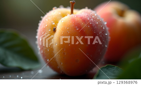 Close up of fresh ripe apricots with water droplets, showcasing vibrant color and delicious flavor 129368976