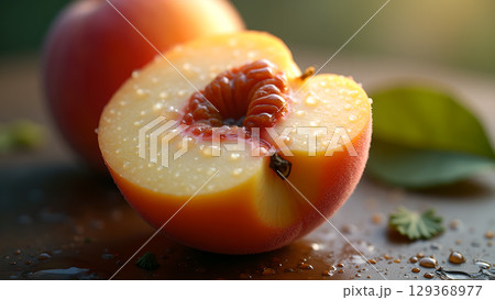 A close up image displaying half of a juicy ripe peach glistening with water droplets on the surface A close up image displaying half of a juicy ripe peach glistening with water droplets on the surface 129368977