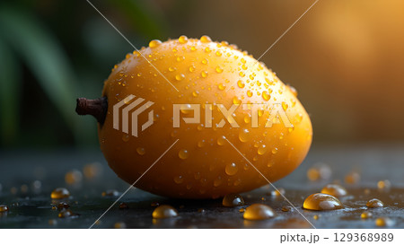 A fresh and vibrant close up of a mango with water droplets showcasing natural beauty 129368989