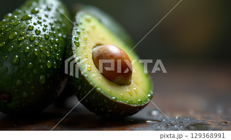 Fresh avocados with water droplets offer a healthy and vibrant culinary delight for discerning tastes and healthy lifestyles 129368991