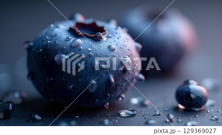 Close-up photography showcasing fresh blueberries covered with glistening water droplets on a dark surface Close-up photography showcasing fresh blueberries covered with glistening water droplets on a dark surface 129369027