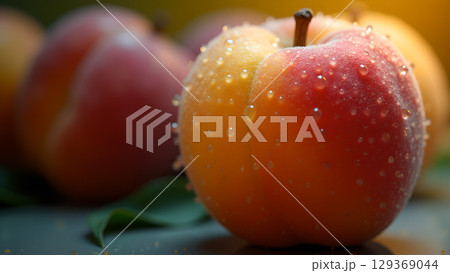 Fresh apricots covered in droplets showcasing vibrant colors and textures glistening under the soft light 129369044