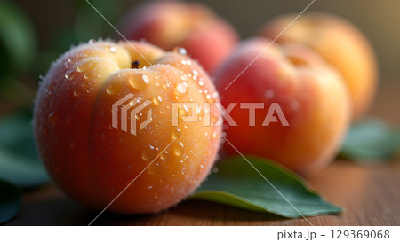 Captivating close-up of fresh apricots glistening with water droplets evokes summery refreshment and natural beauty Captivating close-up of fresh apricots glistening with water droplets evokes summery refreshment and natural beauty 129369068