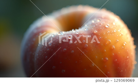 Close up of a fresh ripe peach with water droplets shows summer flavor Close up of a fresh ripe peach with water droplets shows summer flavor 129369069