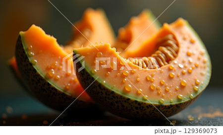Close up of fresh cantaloupe slices with water droplets highlighting its vibrant color and texture, offering a juicy treat 129369073