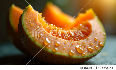 Fresh cantaloupe slices with droplets and textured surface creating an inviting and refreshing presentation perfect for summer 129369074