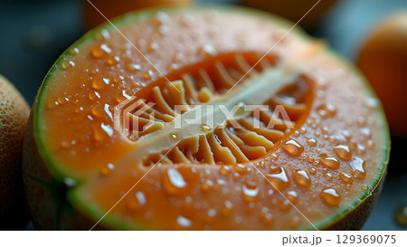 Close-up shot of a juicy and refreshing cantaloupe melon half with water droplets and texture Close-up shot of a juicy and refreshing cantaloupe melon half with water droplets and texture 129369075