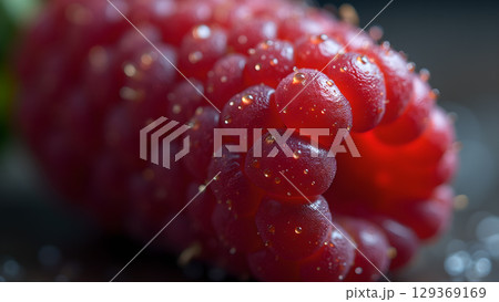 Fresh and vibrant close up of a juicy raspberry with glistening water droplets highlighting its texture Fresh and vibrant close up of a juicy raspberry with glistening water droplets highlighting its texture 129369169