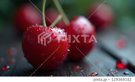 Freshly picked cherries with glistening water droplets, showcasing the juicy red fruit, creating a tantalizing summer treat 129369182