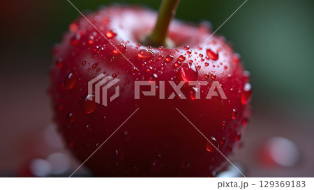 A close-up shot of a red cherry with water droplets highlighting its freshness and appeal 129369183
