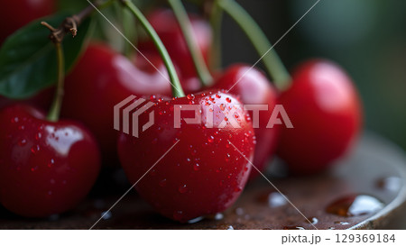 Delicious and fresh cherries with water droplets highlighting their ripeness and vibrant color, ideal for summer themed designs 129369184