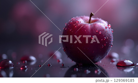 Captivating wet plum close-up shot on dark reflective surface creating a visually stunning artistic impression 129369185