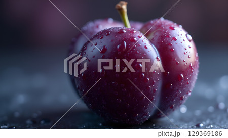 A close up capturing a fresh plum with water droplets showing healthy nutrition and freshness A close up capturing a fresh plum with water droplets showing healthy nutrition and freshness 129369186