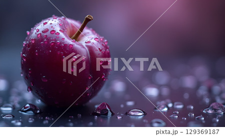 Artistic plum with water droplets on a reflective surface creating a visually appealing and unique composition 129369187