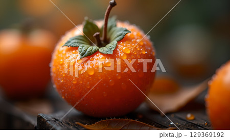 Close up of a persimmon fruit covered in water droplets with blurred background creating a refreshing image 129369192