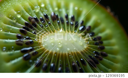 Close-up detail showcasing the fresh, vibrant texture and refreshing moisture of a kiwi slice Close-up detail showcasing the fresh, vibrant texture and refreshing moisture of a kiwi slice 129369195