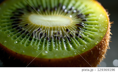 Close-up macro shot of fresh kiwi fruit cut in half, displaying its vibrant texture and seeds 129369196